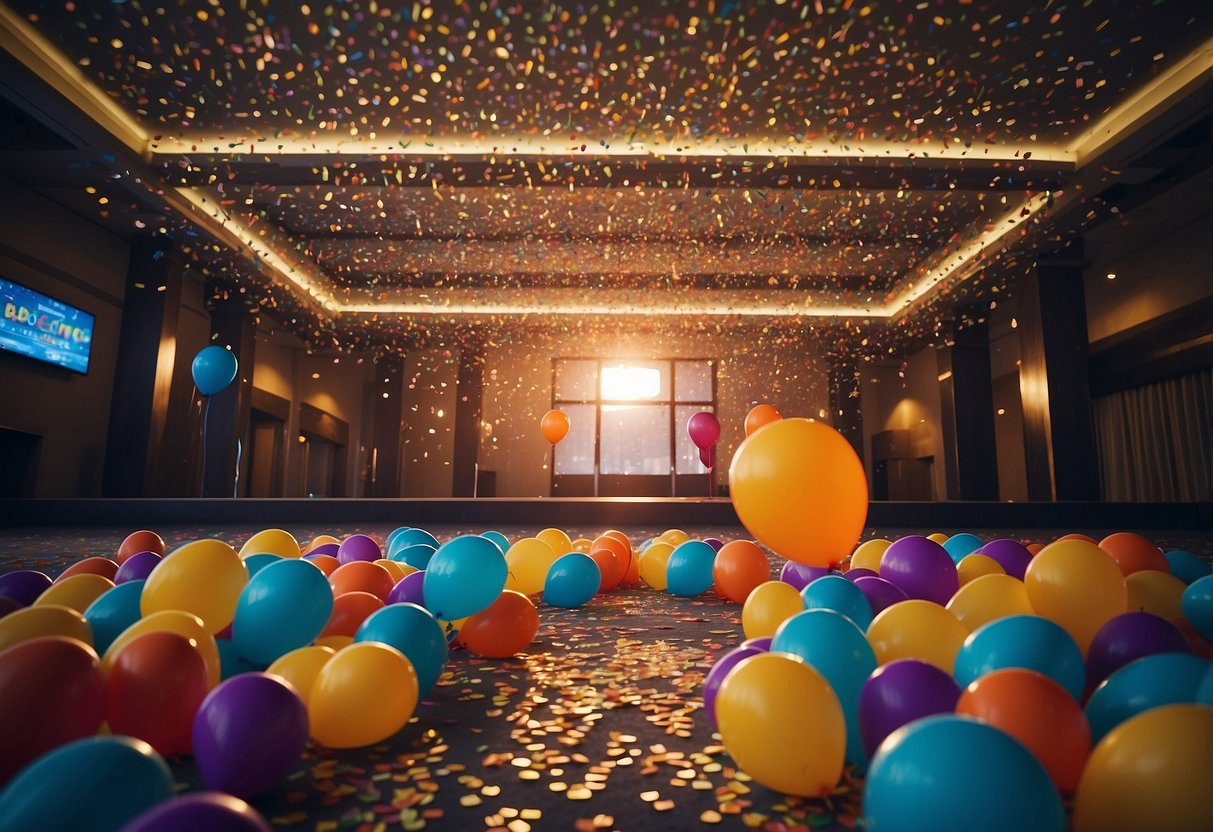 Colorful confetti and balloons surround a glowing "Bonuses and Promotions" sign at wild.io casino