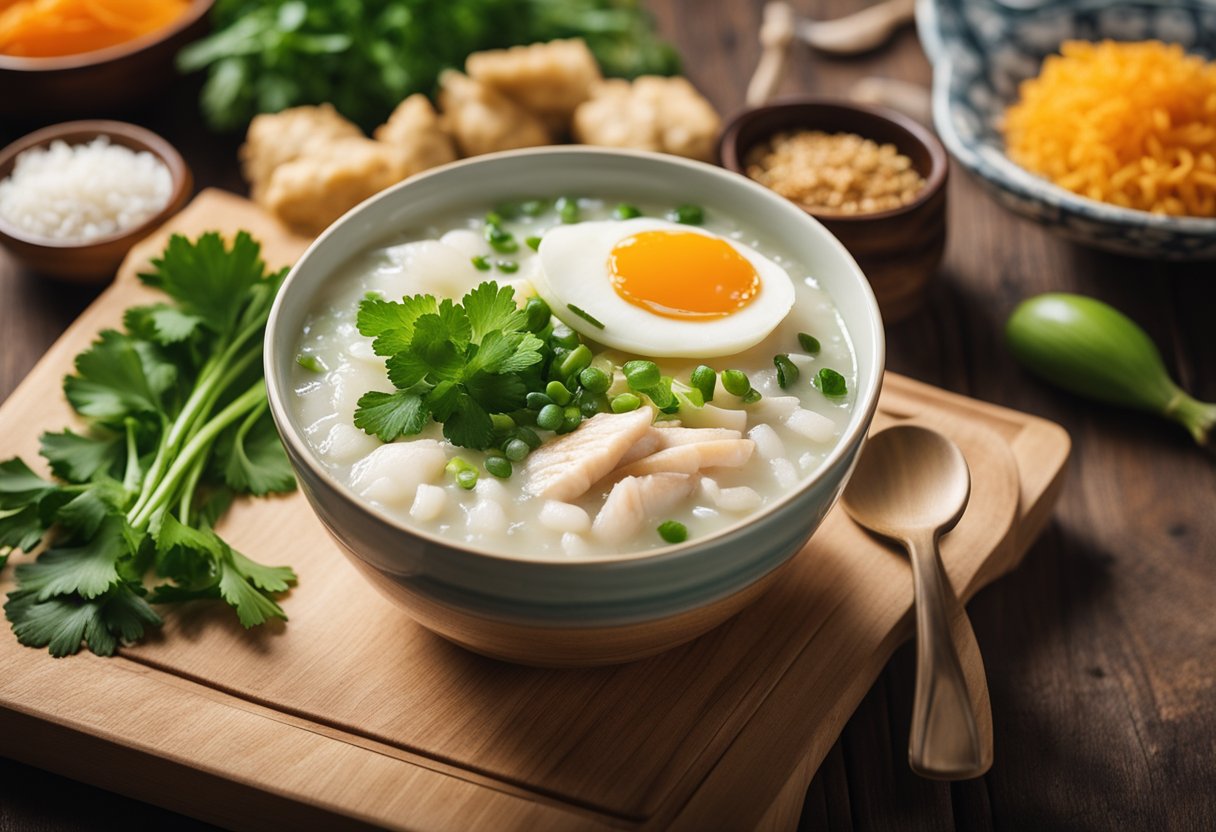 A steaming bowl of fish congee surrounded by ingredients like ginger, scallions, and cilantro on a wooden table