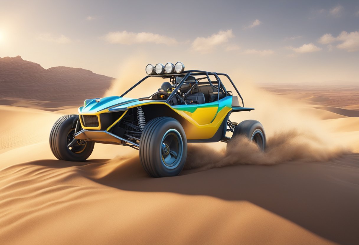 A dune buggy speeds across the desert, kicking up sand in its wake. The sun shines brightly overhead as the vehicle races over the rugged terrain