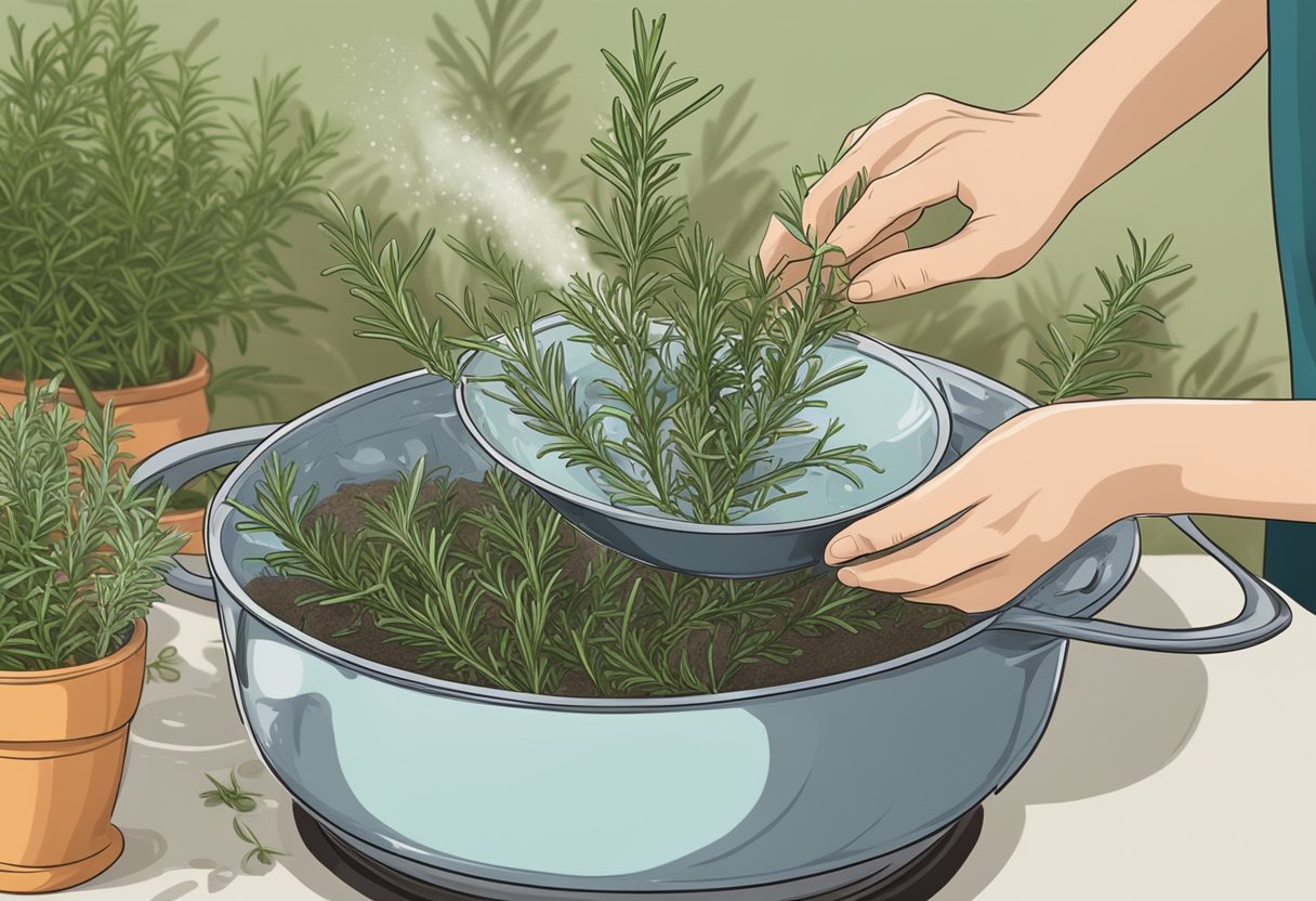 A hand picking fresh rosemary from a garden. A bowl filled with water and rosemary sprigs. A pot on a stove, steam rising as the rosemary infuses the water
