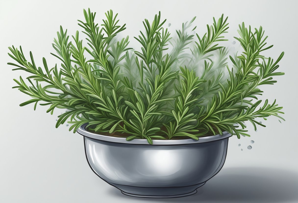 Rosemary sprigs placed in a pot of boiling water. Steam rising. Water turning green. Strain and cool