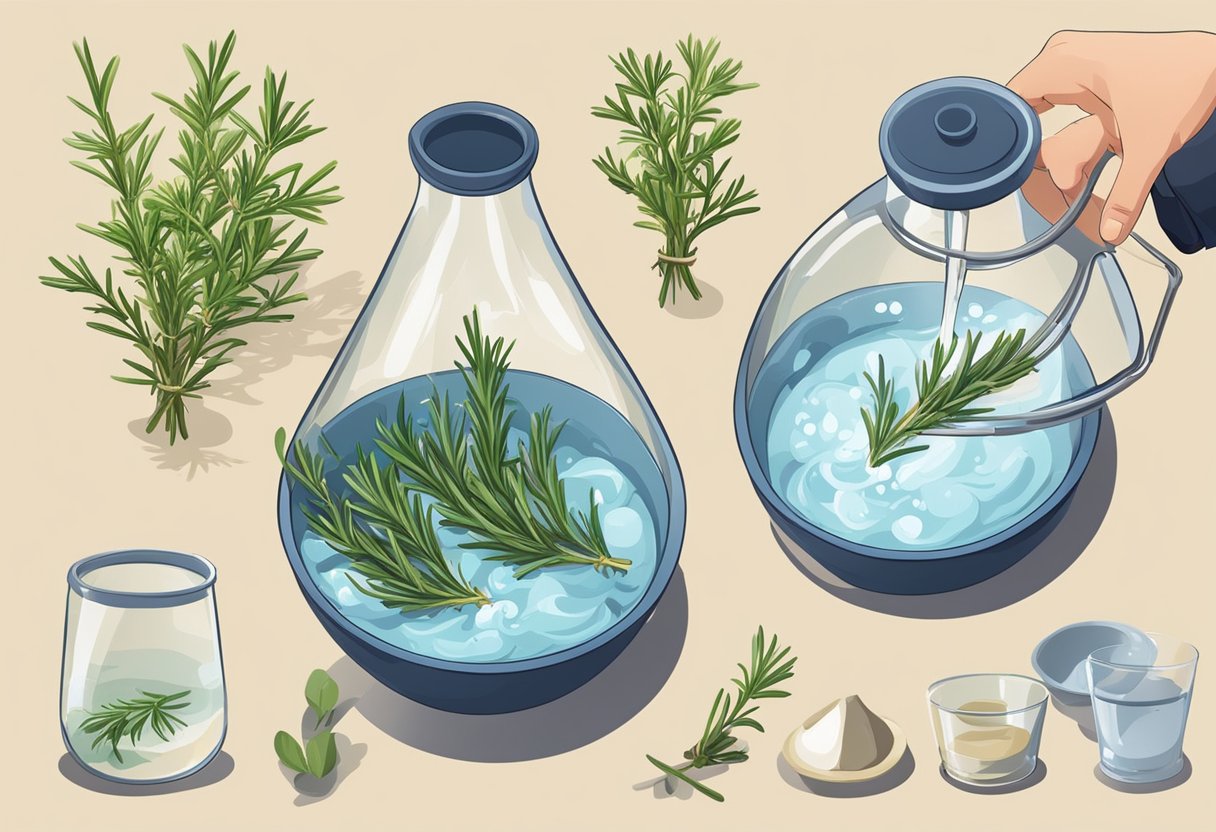 A hand pours fresh rosemary into a pot of boiling water, then stirs and strains the mixture into a glass bottle