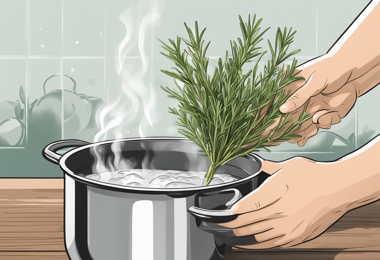 A hand pours rosemary into a pot of boiling water. The steam rises as the mixture simmers, creating rosemary water for hair