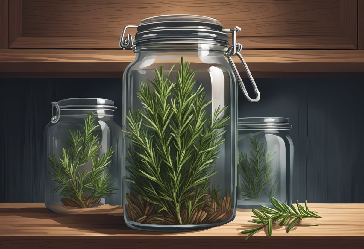 A glass jar filled with fresh rosemary sprigs submerged in water, sitting on a wooden shelf in a cool, dark pantry