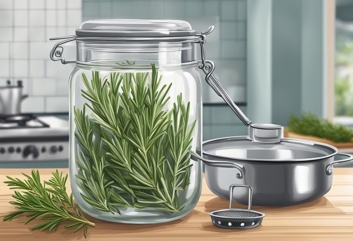 A clear glass jar filled with fresh rosemary sprigs submerged in water, sitting on a countertop next to a small saucepan and a strainer
