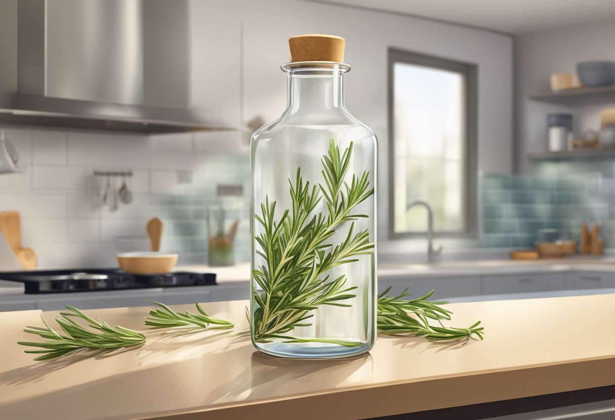 A clear glass bottle filled with fresh rosemary sprigs steeping in water on a sunlit kitchen countertop