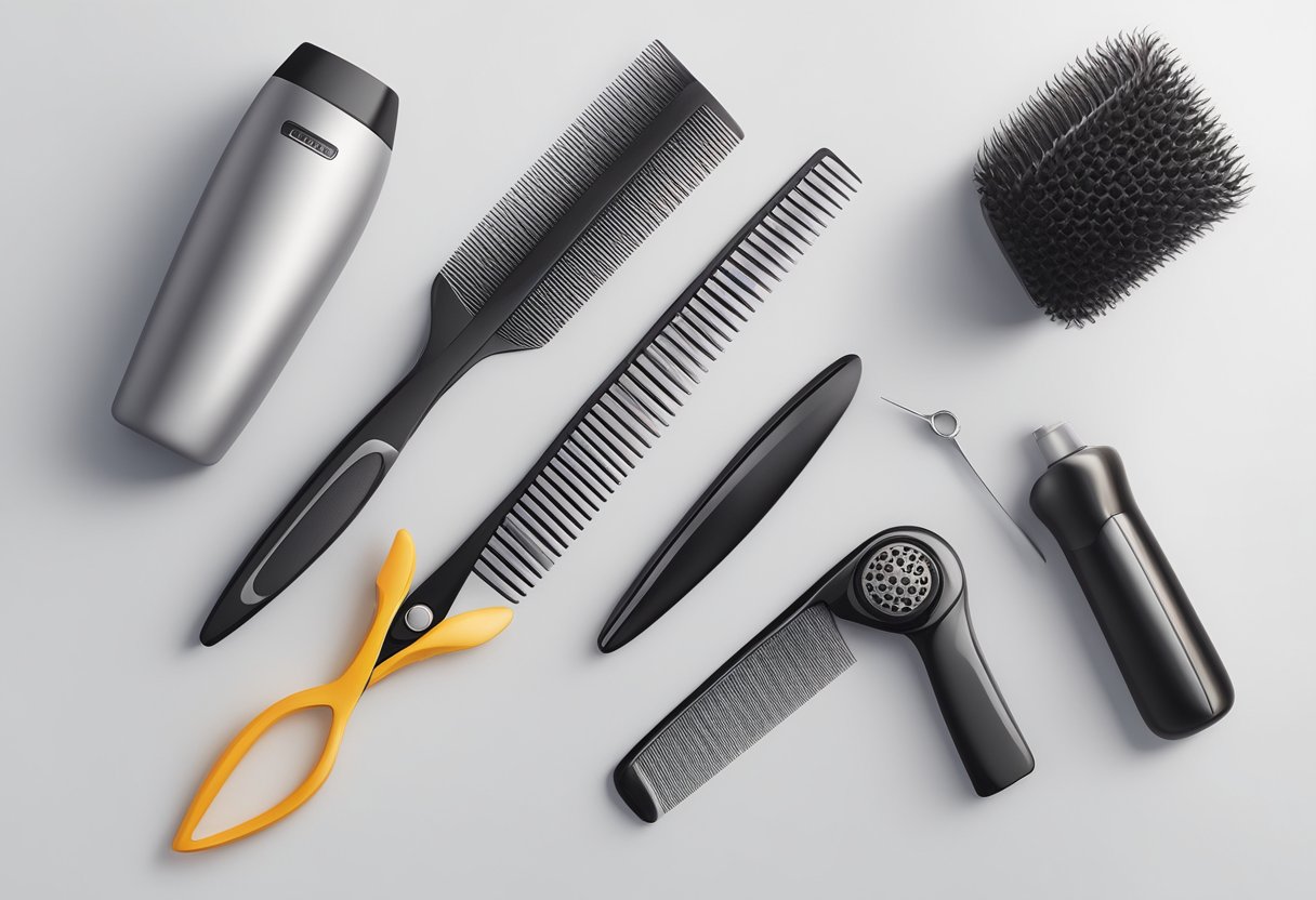 A comb, scissors, hair gel, and a blow dryer arranged on a clean, white surface