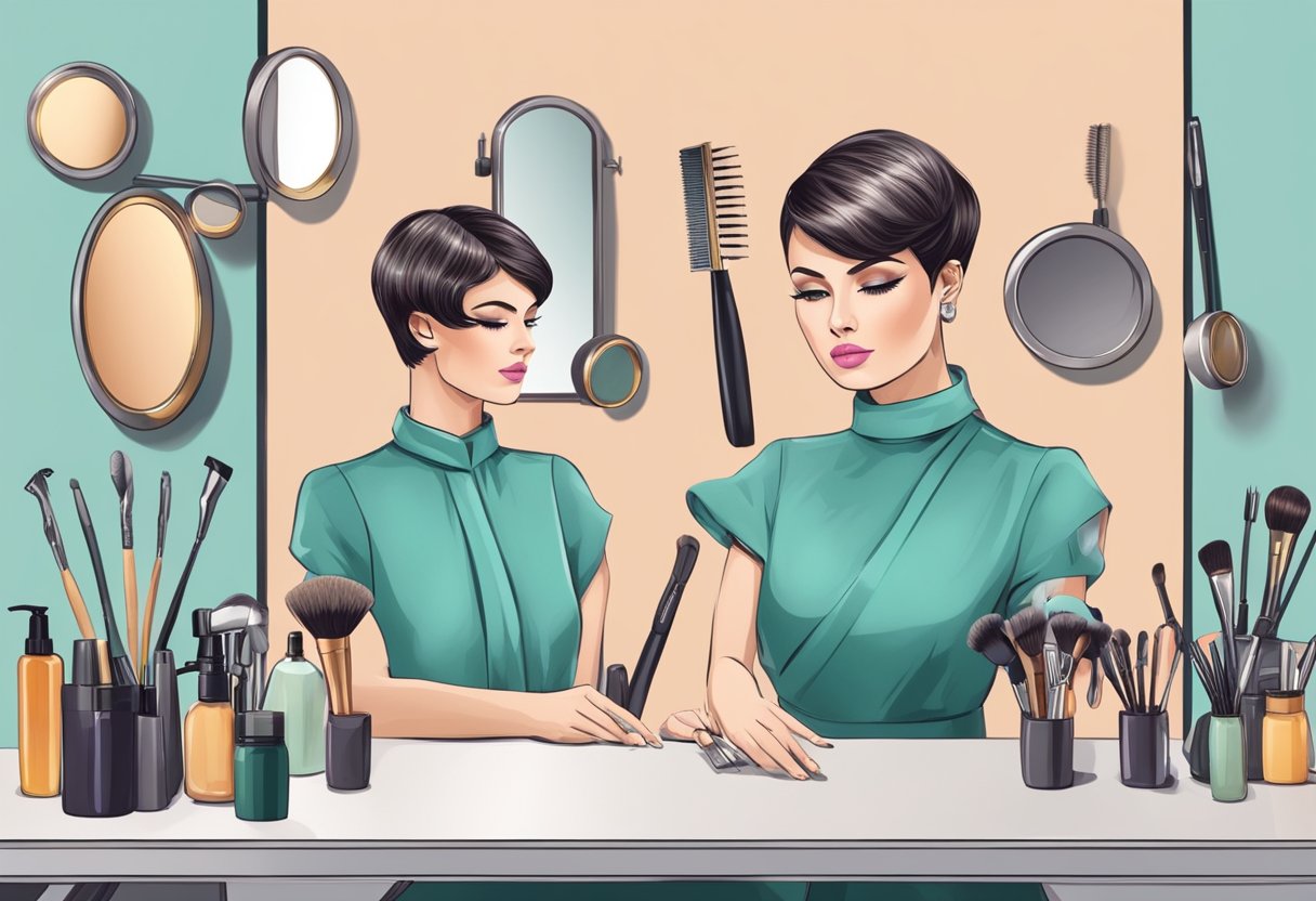 A table with styling tools and products, a mirror, and a model head with short hair for demonstration