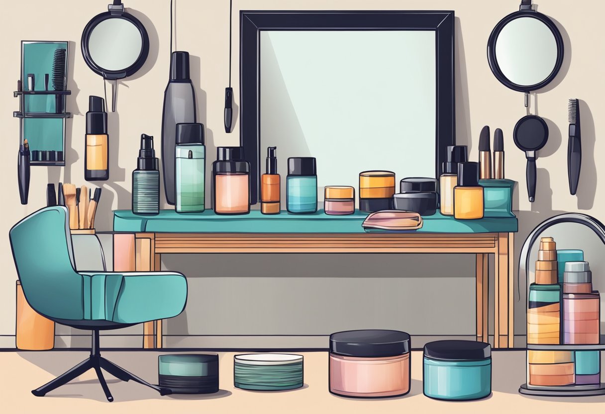 A table with various hair styling tools and products. A mirror reflects the short hair styled differently for various occasions