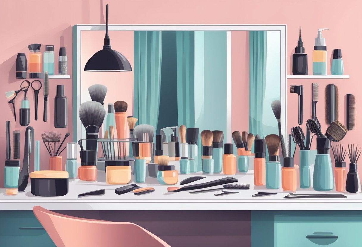 A table with various hair styling tools and products. A mirror reflects the styled short hair. Trendy haircuts are displayed on a poster