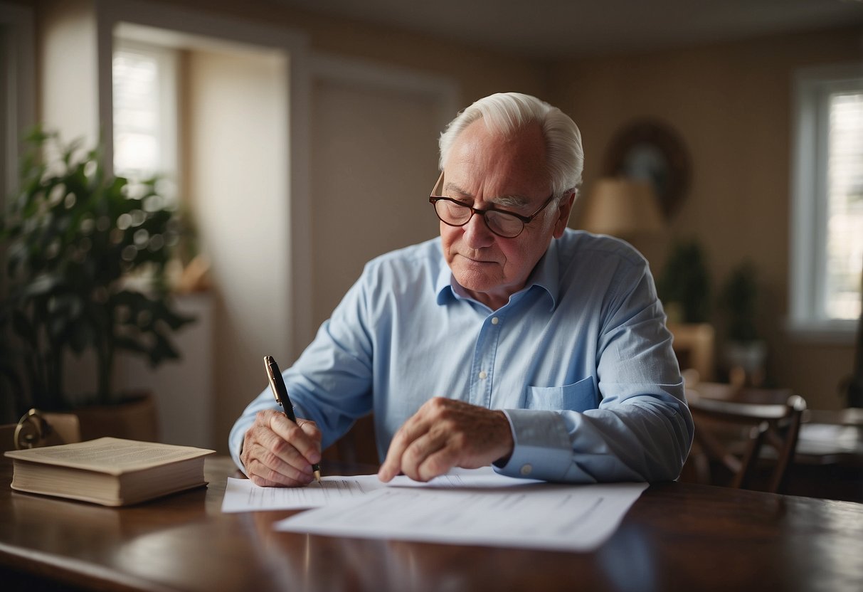 A senior signs a contract as a house transforms into cash