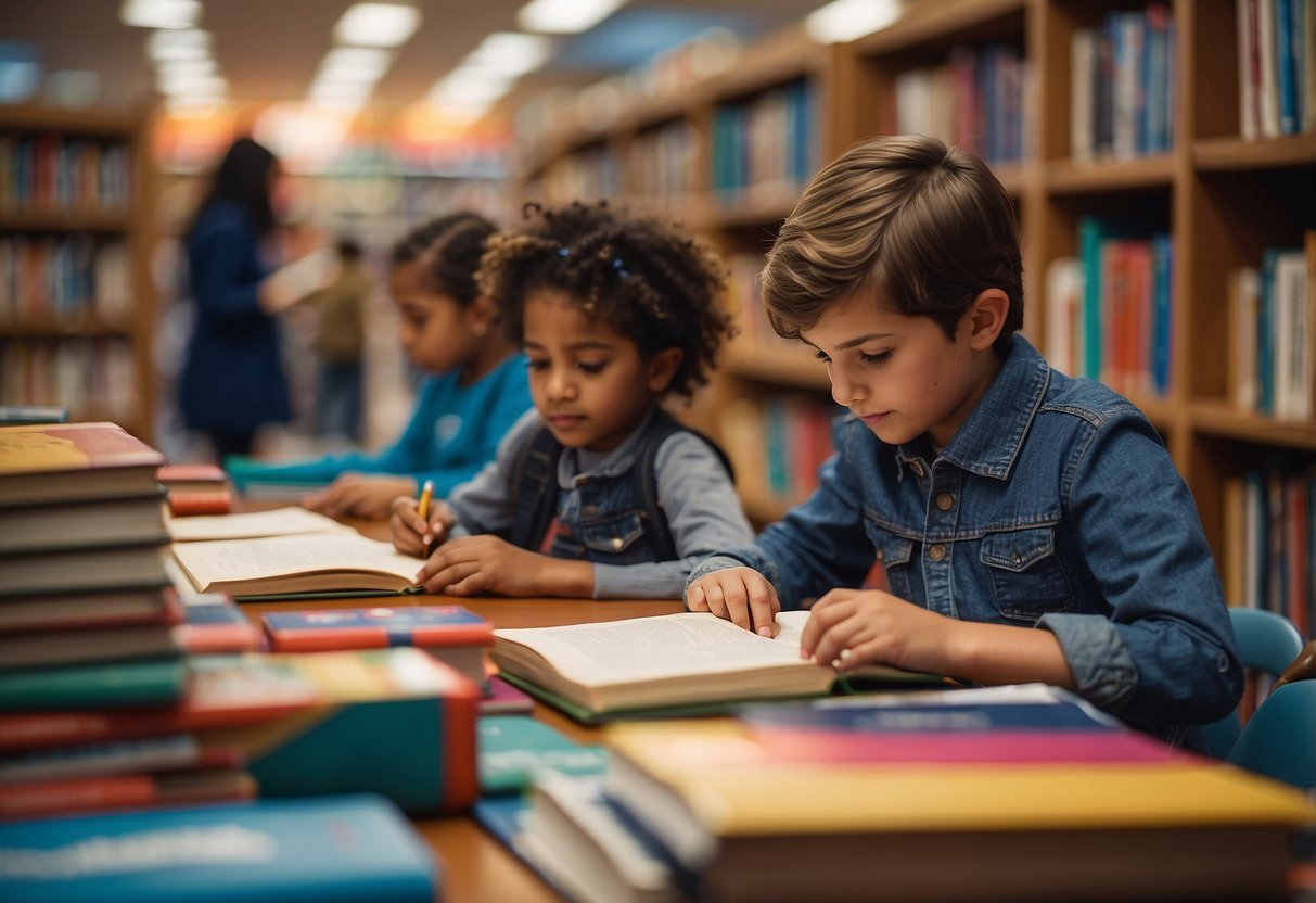 Children reading, writing, and exchanging books in a colorful, bustling library on World Book Day