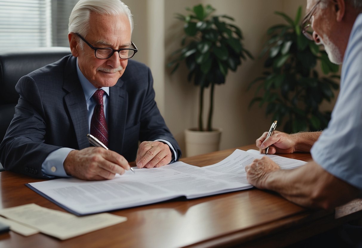 A senior signs paperwork while a banker explains reverse mortgages. The banker holds a brochure and points to key information