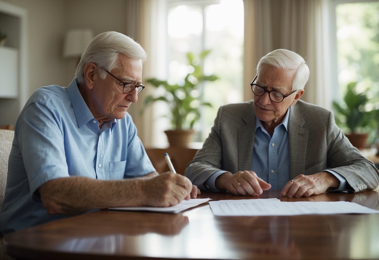 An elderly couple signing reverse mortgage papers with a concerned financial advisor looking on