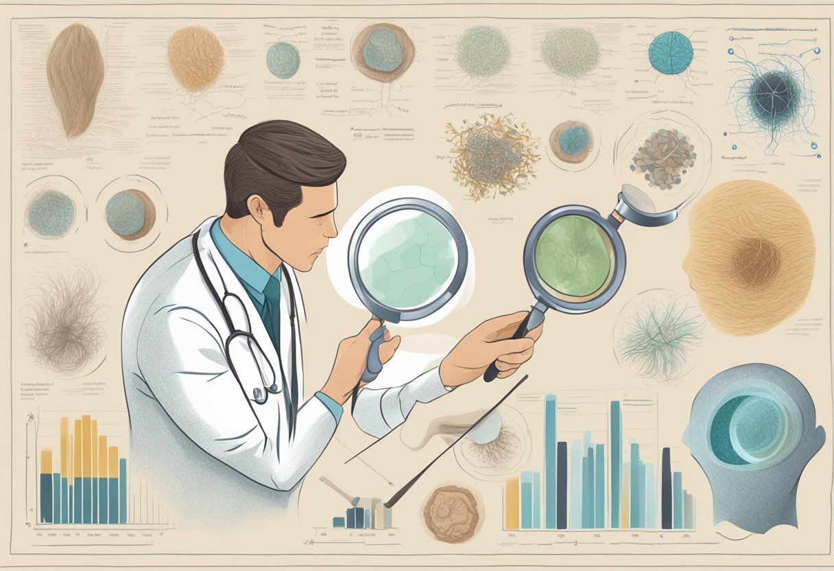 A doctor examining a scalp with a magnifying glass, surrounded by medical charts and images of hair follicles