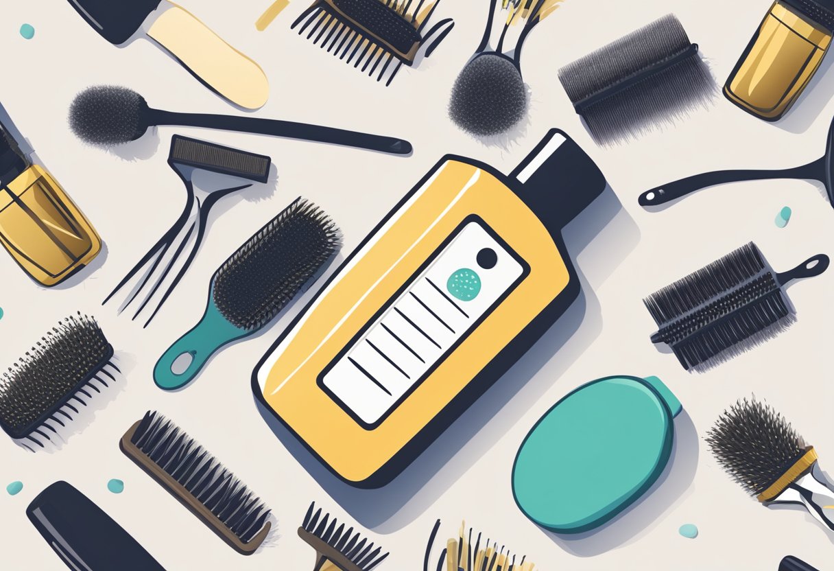 A bottle of hair care product next to a comb and hairbrush, with strands of hair scattered around, illustrating the causes of hair loss