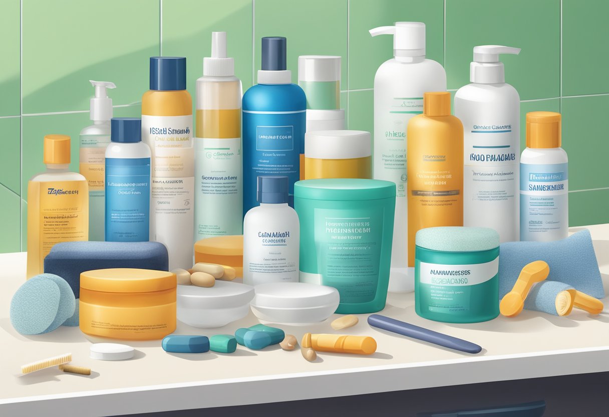 Various medications and treatments scattered around a bathroom counter, with a focus on products specifically designed to address hair loss