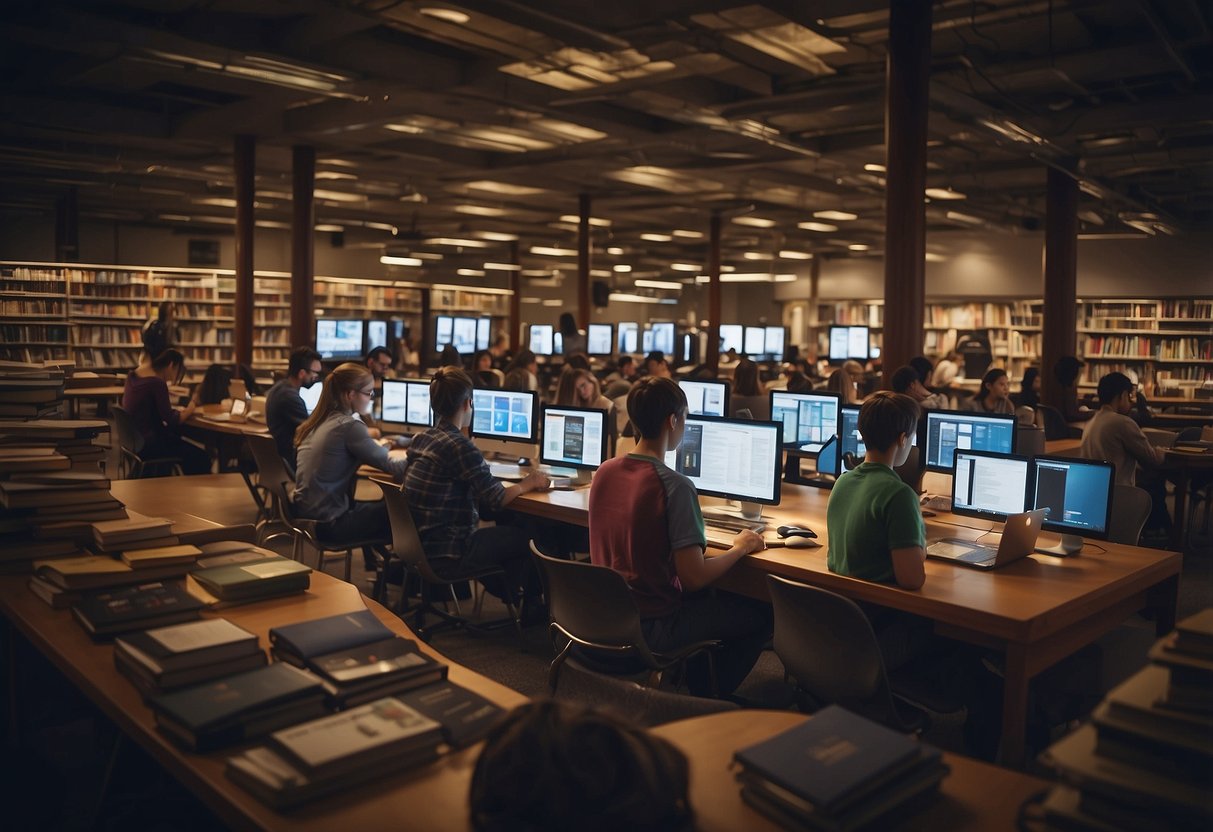 Students using tablets and laptops while surrounded by stacks of books, with a digital display showing educational apps and websites