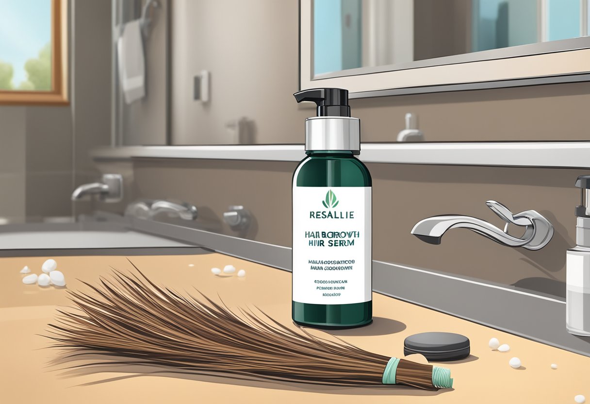 A pile of fallen hair strands surrounds an empty bottle of hair growth serum on a bathroom countertop