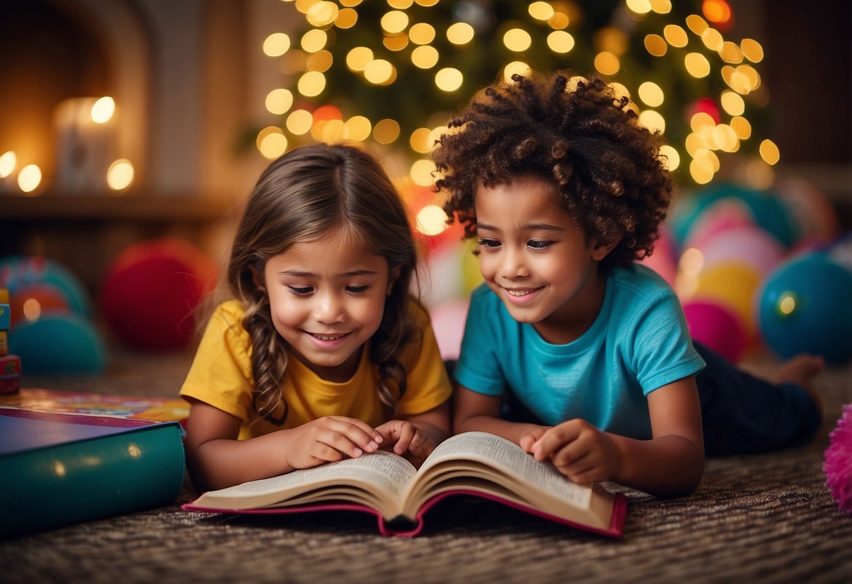 Children reading books in a colorful, festive setting with book-themed decorations and activities