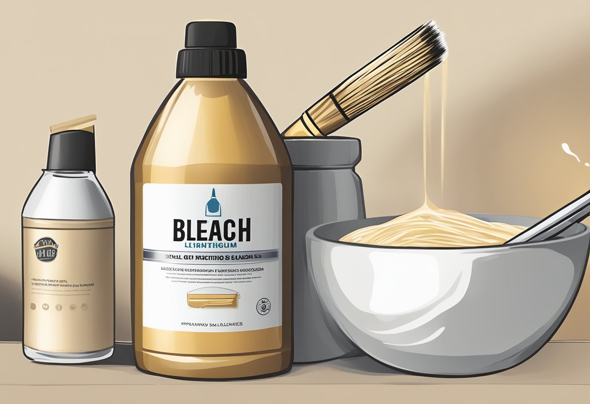 A bottle of bleach sits next to a mixing bowl and brush. Hair strands are shown lightening from dark to blonde