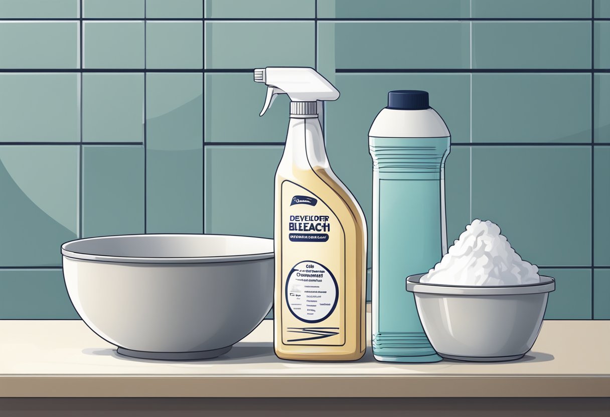 A bottle of bleach, developer, gloves, and a mixing bowl on a clean, flat surface. Instructions and a timer nearby