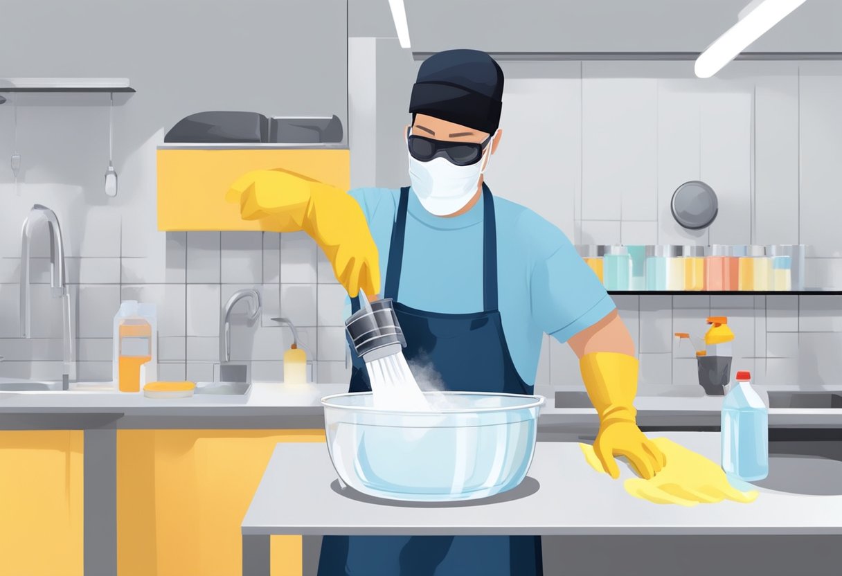 A person wearing gloves and goggles pours bleach into a plastic bowl. They mix the bleach with a brush, ensuring proper ventilation