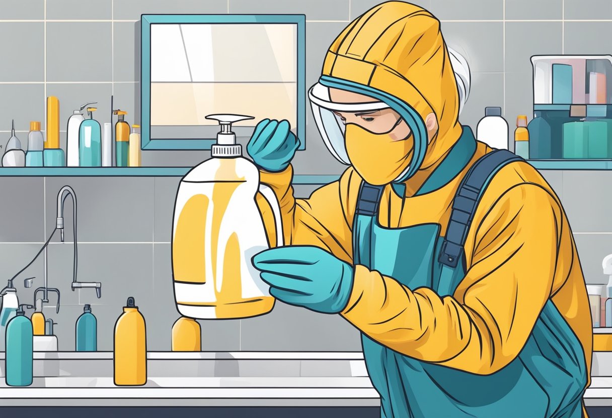 A person applies bleach to hair, wearing gloves and protective clothing. They carefully follow instructions, timing the process and checking for even coverage