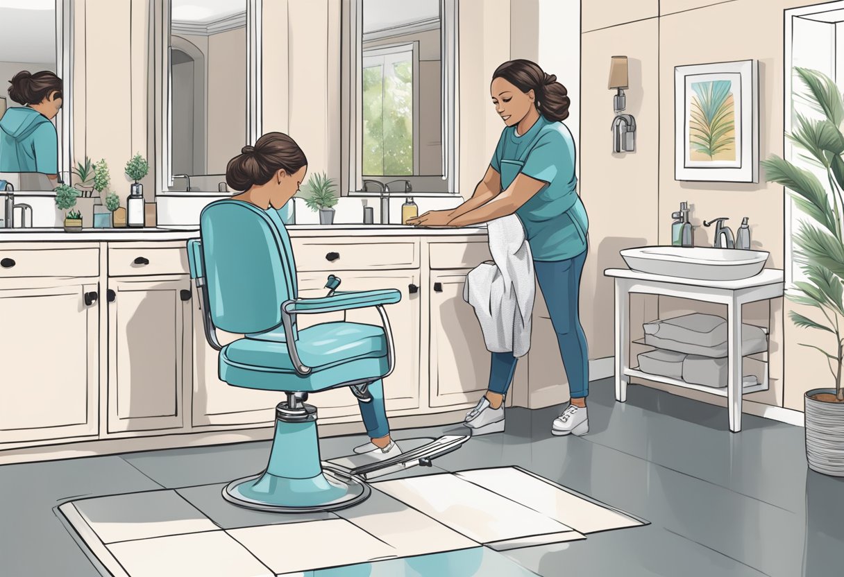 A salon chair with a professional stylist applying bleach, next to a home bathroom counter with DIY bleach kit and instructions