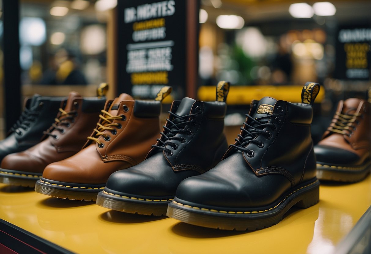 A display of Dr. Martens boots and shoes with promotional signs in a bustling Singapore storefront