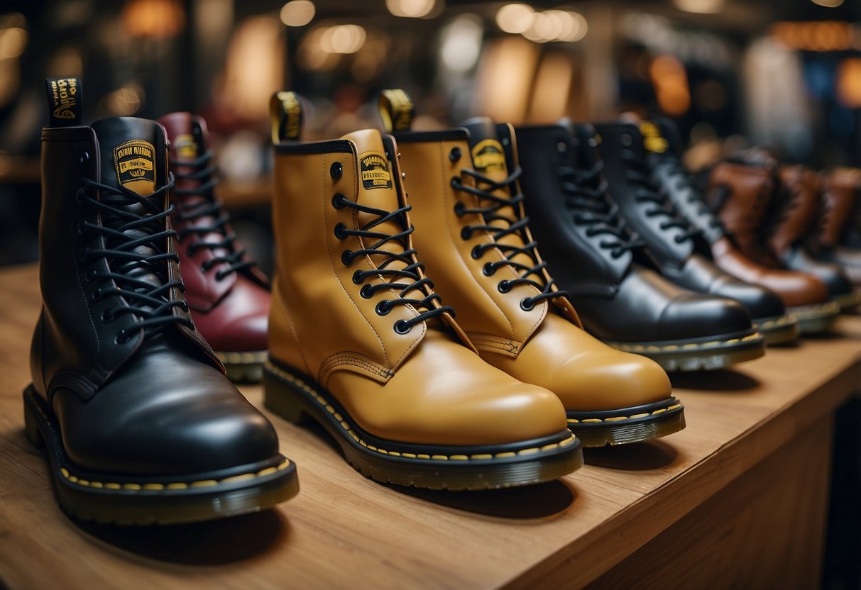 A display of Dr. Martens shoes with promotional signage in a bustling Singapore store