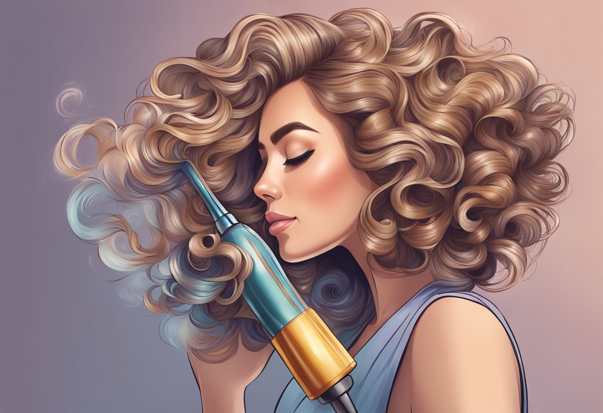 A woman's hair being wrapped around a curling wand, steam rising, creating soft curls