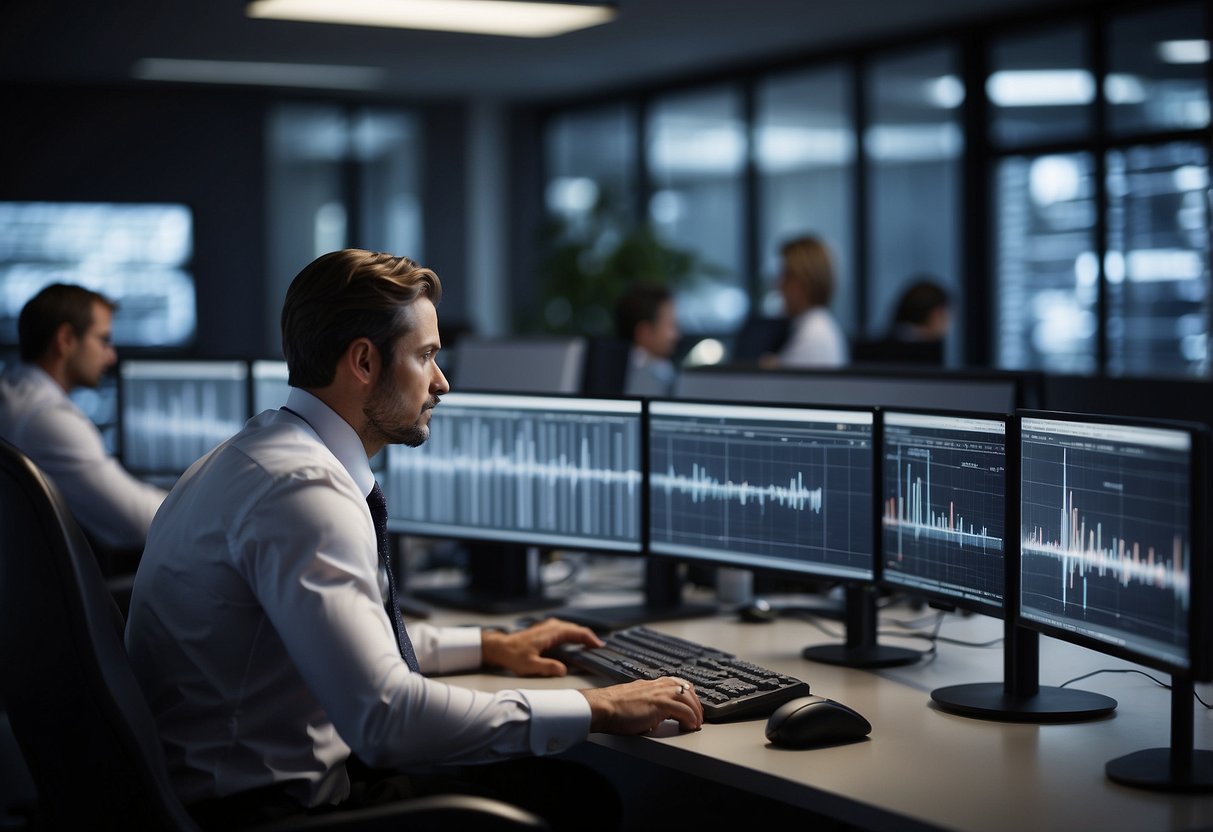 A sleek, modern office with computer screens displaying financial data. A team of professionals collaborating on account management strategies