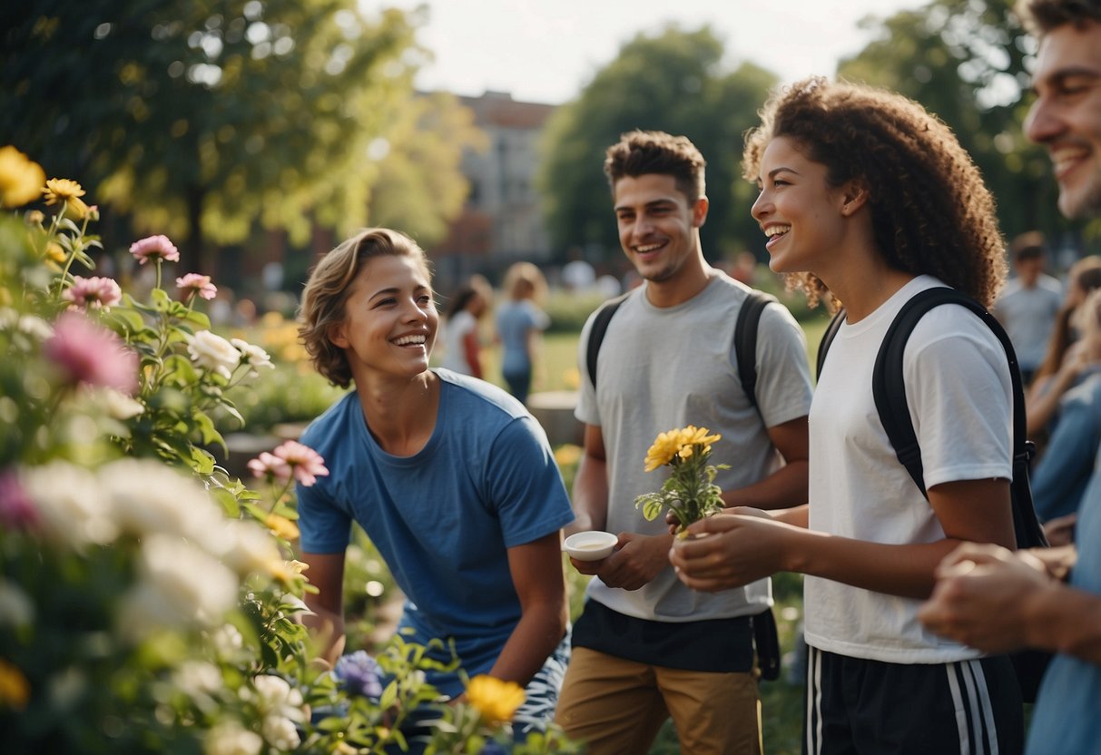 Teenagers playing sports, chatting, and laughing in a park. Nearby, others are painting a mural and planting flowers in a community garden