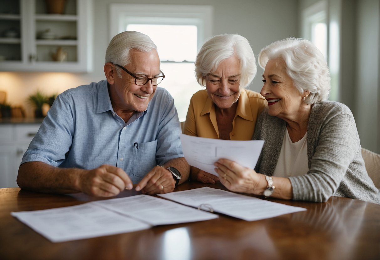 A senior couple sits at a kitchen table, reviewing documents with a financial advisor. A pamphlet on reverse mortgages is prominently displayed