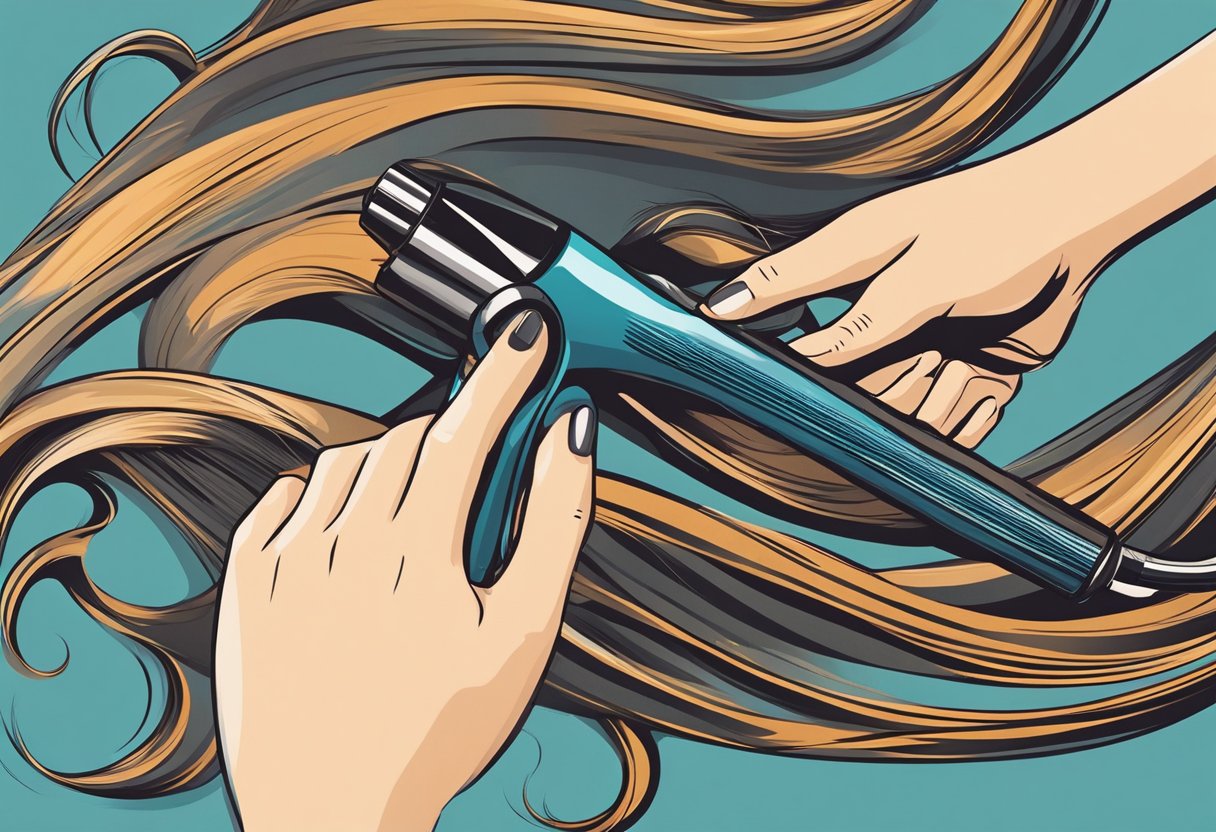 A woman's hand holds a curling iron, wrapping a section of hair around the barrel. The iron emits heat as the hair curls, creating a beautiful wave