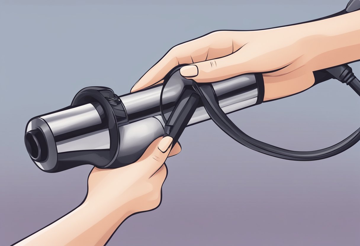 A woman's hand holding a curling wand, with hair sections being wrapped around the wand and held in place for a few seconds before releasing to reveal bouncy curls