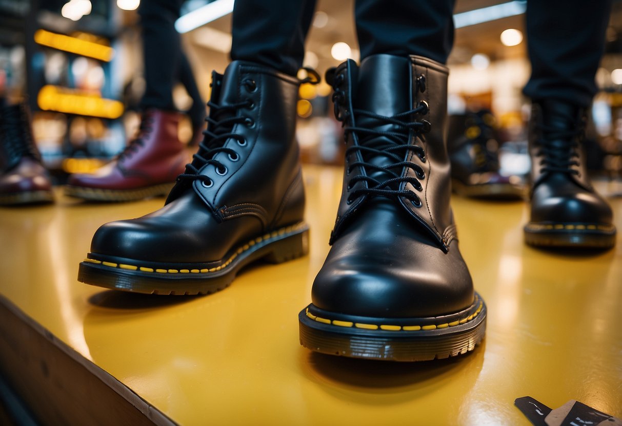A vibrant display of Dr. Martens boots on sale, with eye-catching signage and excited shoppers browsing the selection