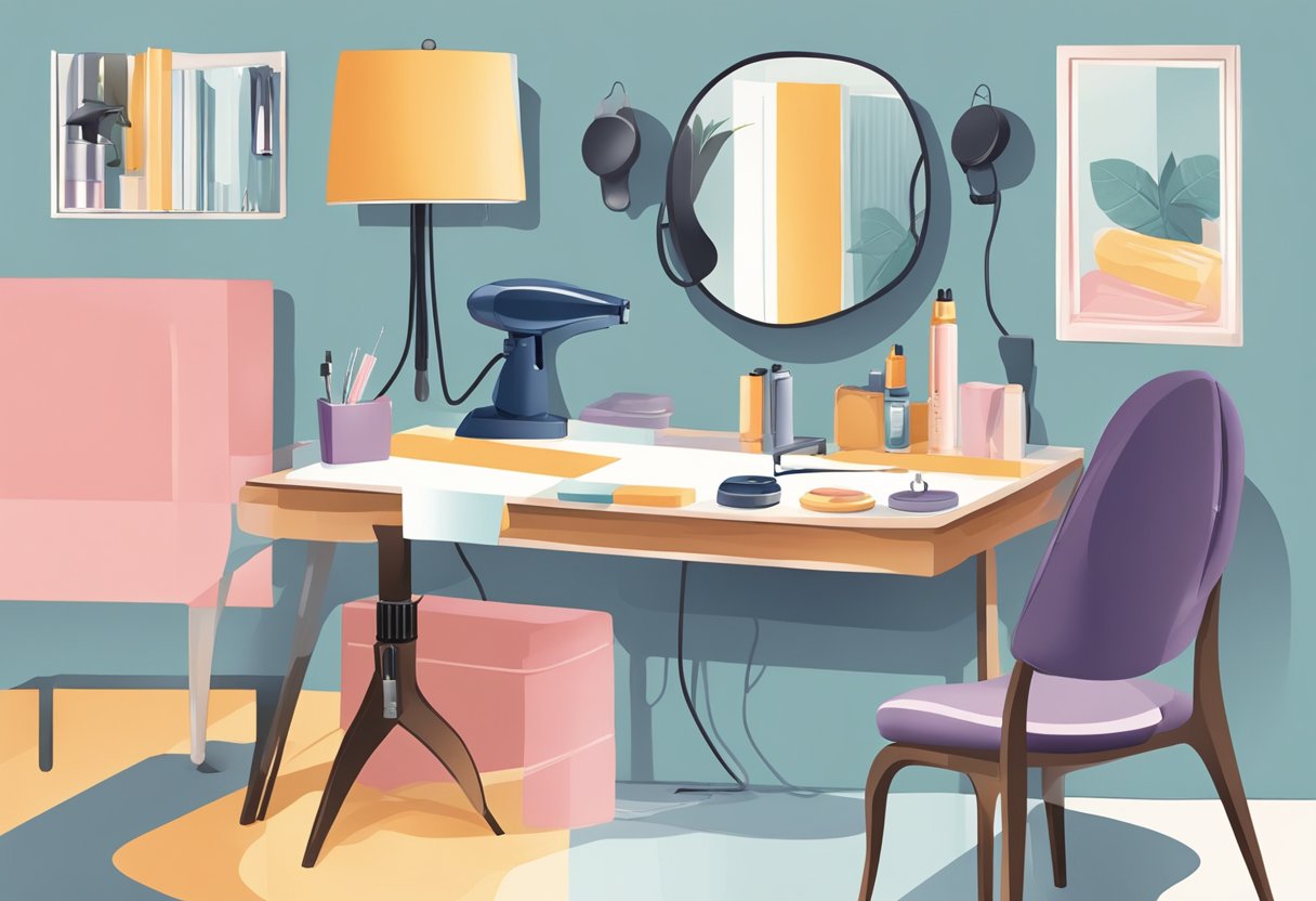 A table with a curling iron, heat protectant spray, and a sectioning clip. A mirror reflects the table and a person's silhouette