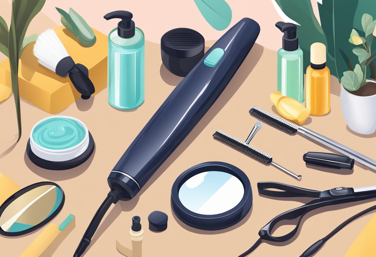 A table with hair care products, a curling iron, and a mirror. A step-by-step guide on how to curl hair displayed nearby