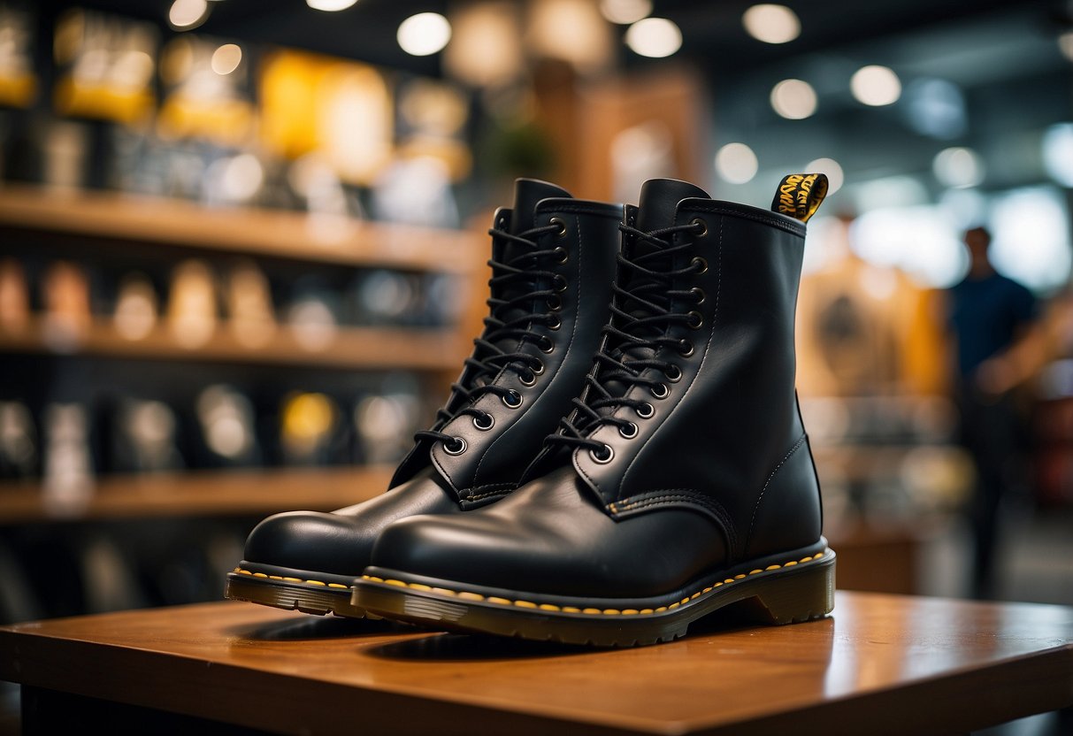 A pair of Dr. Martens boots displayed with a promotional sign in a bustling Singapore store
