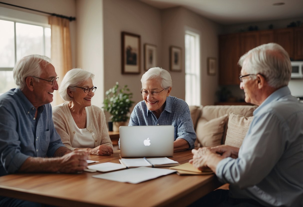 A group of elderly individuals review case studies and market trends on reverse mortgages in a cozy living room setting