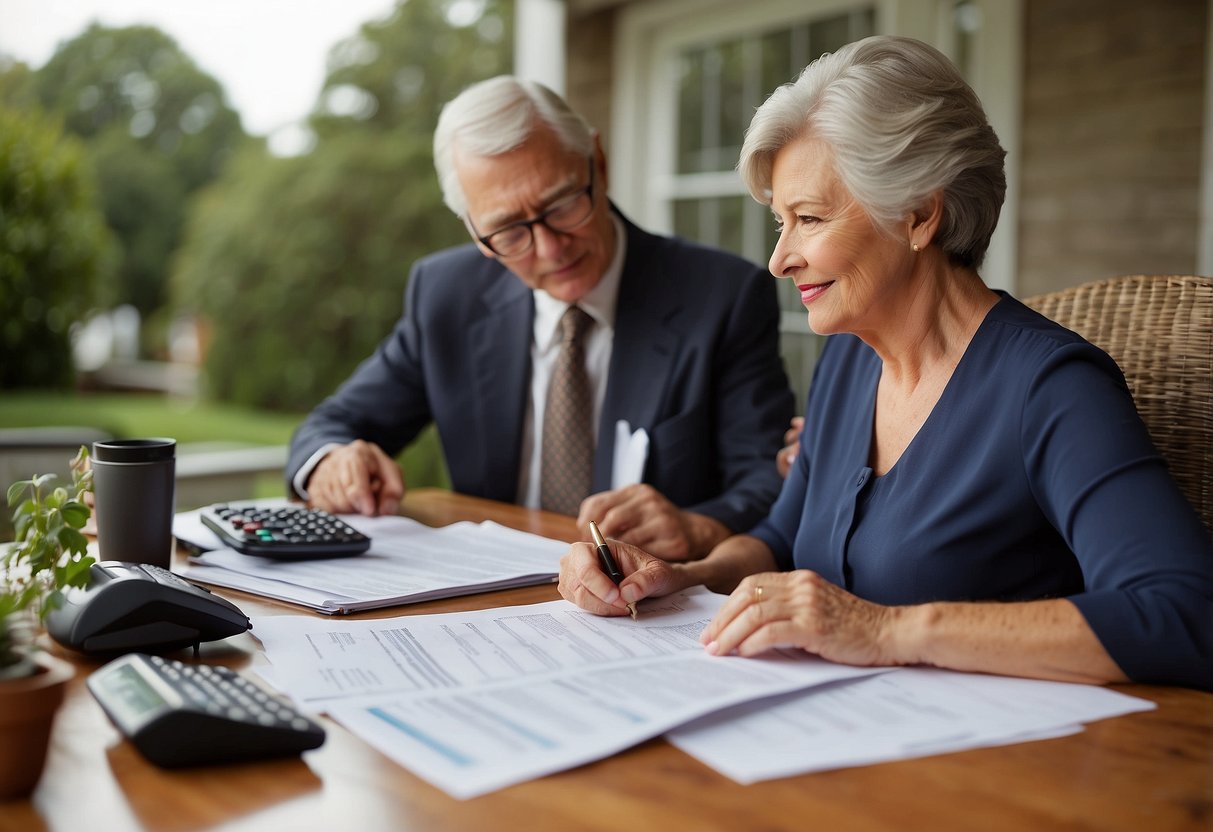 A table with paperwork, calculator, and pen. A senior couple reviewing documents. A house in the background