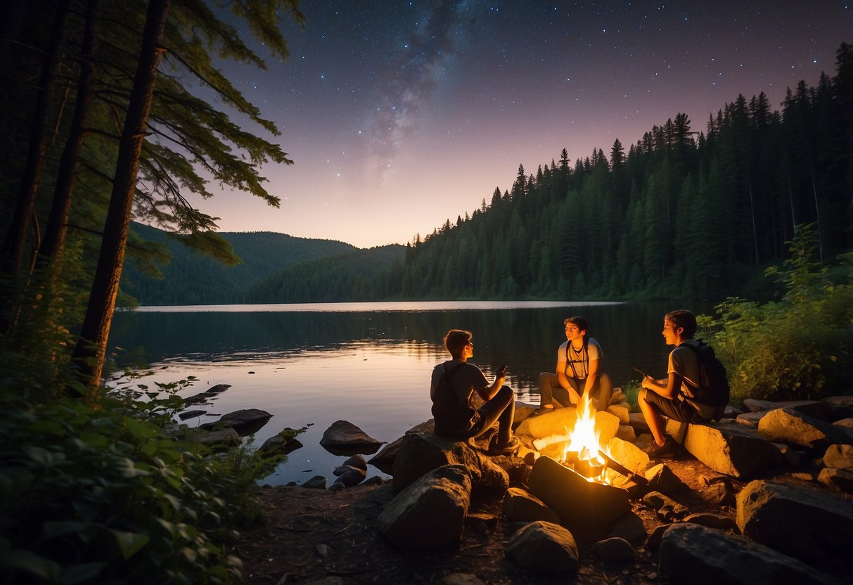 Teens hiking through lush forest, climbing rocky trails, and kayaking on a serene lake. A campfire burns as they roast marshmallows under a starry sky