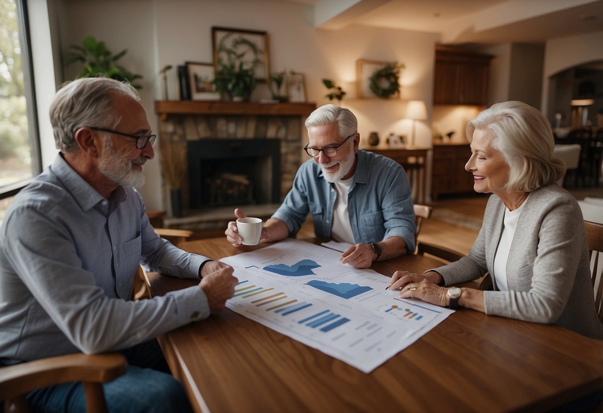 A senior couple discussing reverse mortgage options with a financial advisor in their cozy living room. Charts and graphs are spread out on the coffee table, as the couple looks on with interest