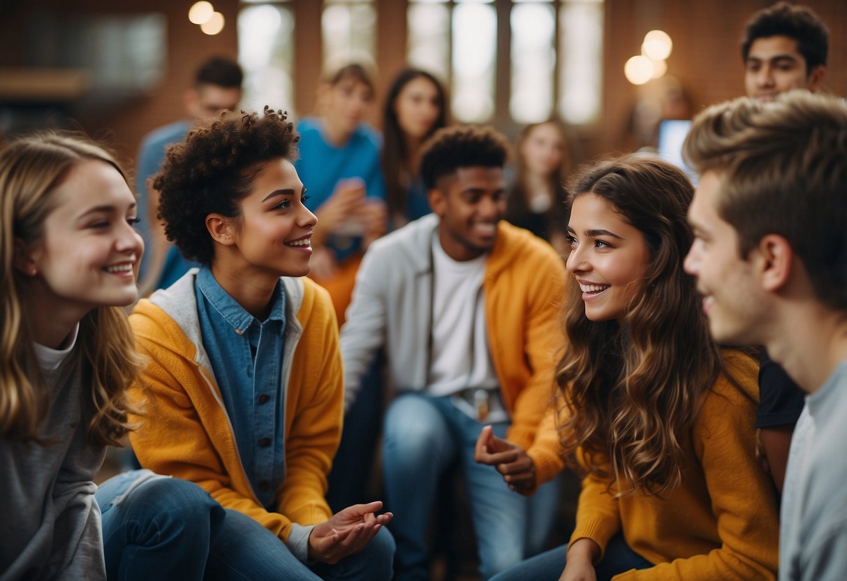 Teenagers engaged in team building exercises and educational games in a vibrant, interactive setting