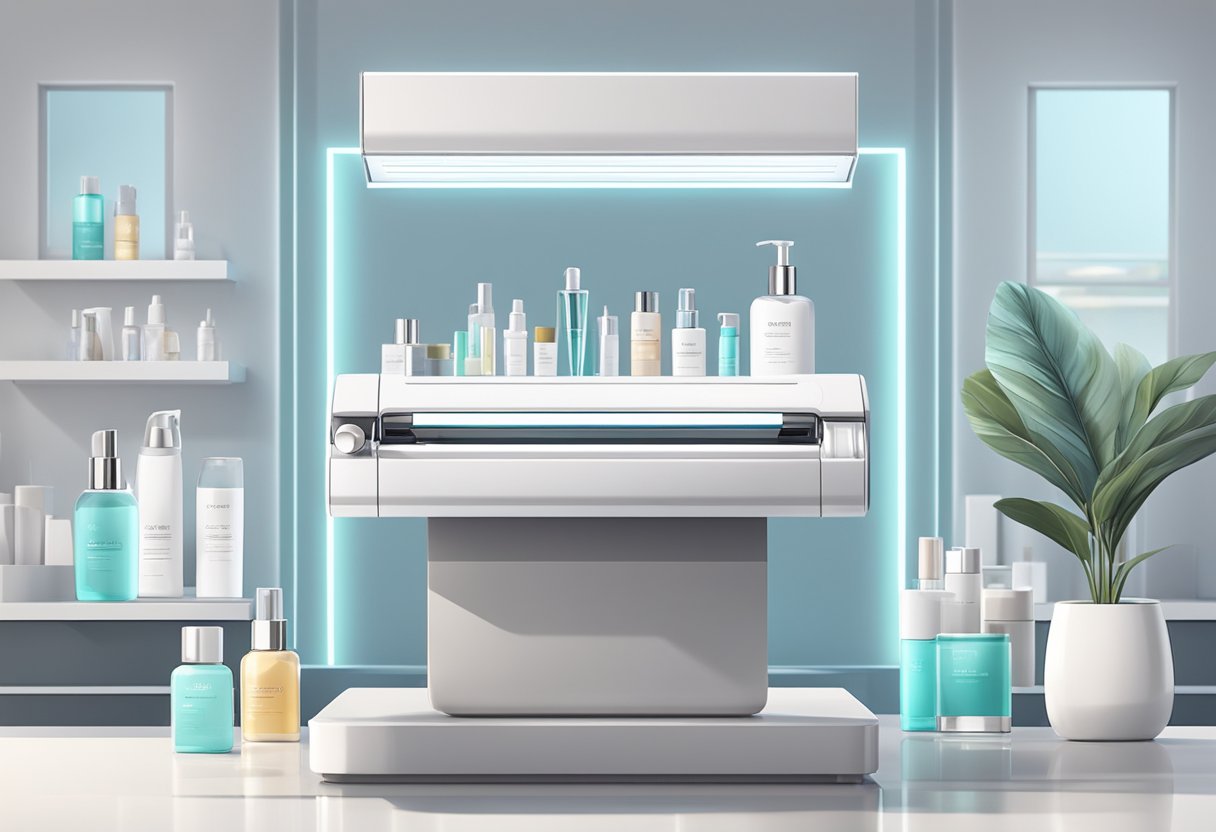 A laser machine sits on a clean, white countertop, surrounded by skincare products. The room is well-lit, with a comfortable and modern atmosphere