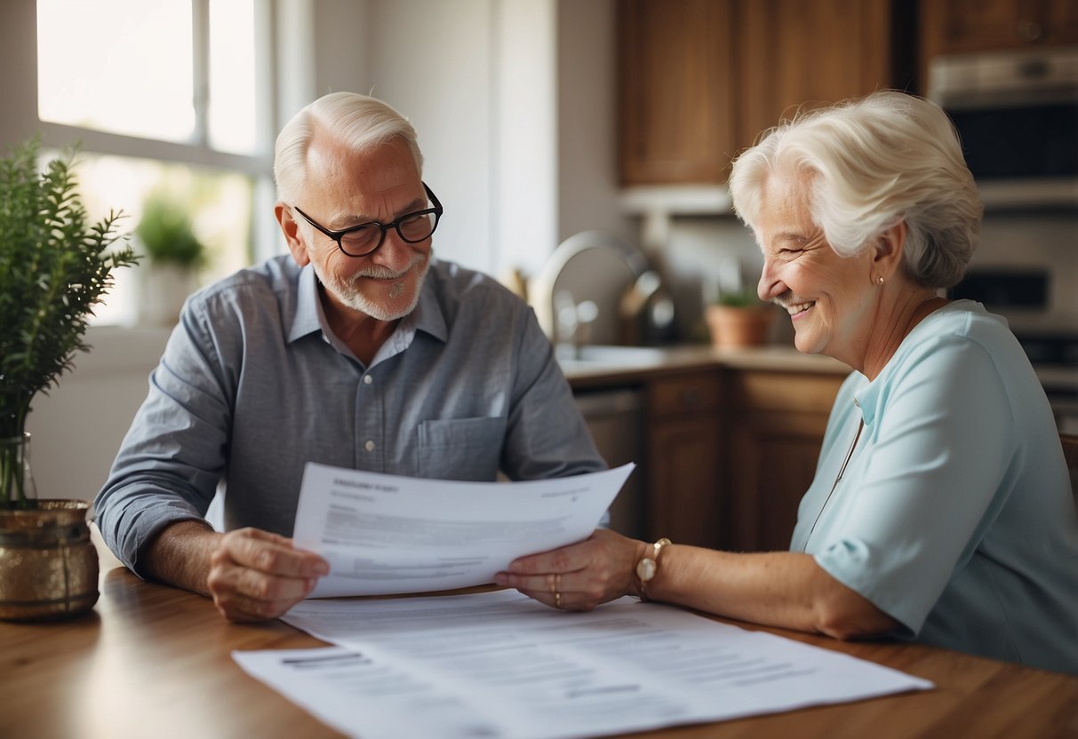 A senior couple sits at a kitchen table, looking over paperwork with a mortgage broker. The broker explains the details of a home loan for seniors