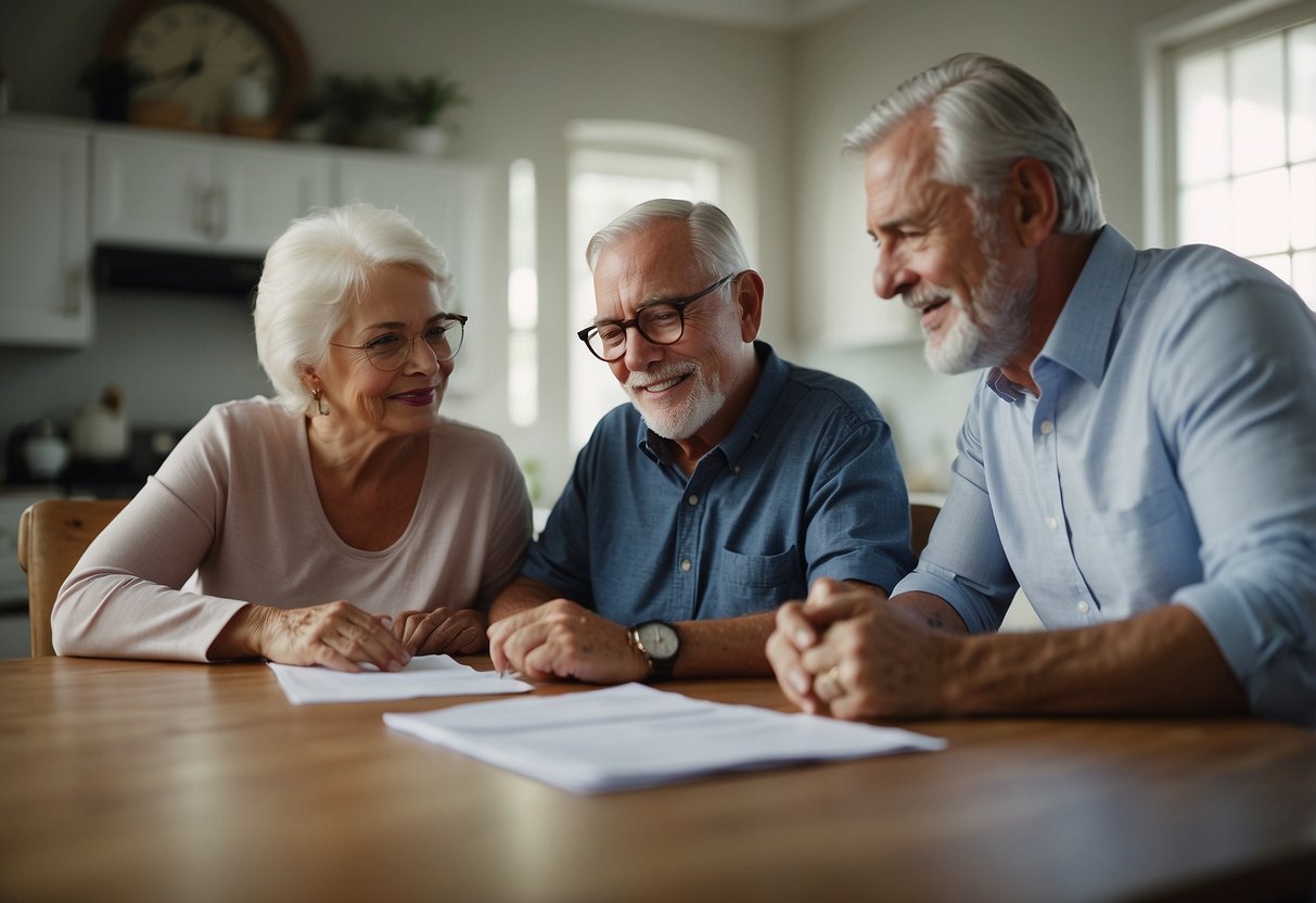 A senior couple sits at a kitchen table, reviewing paperwork with a mortgage broker. The broker explains various home loan options to the couple, who appear attentive and engaged in the discussion