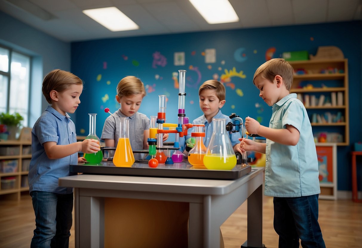 Children conducting science experiments in a playfully decorated space with colorful lab equipment and educational posters on the walls